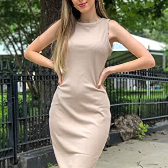 Bodycon Midi Dress Sleeveless Tank Fitted Summer Casual Chic Elegant - Picture 4 of 8